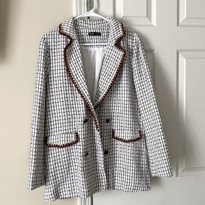 White Tweed Blazer With black and red Color details. Size is Medium From Shein